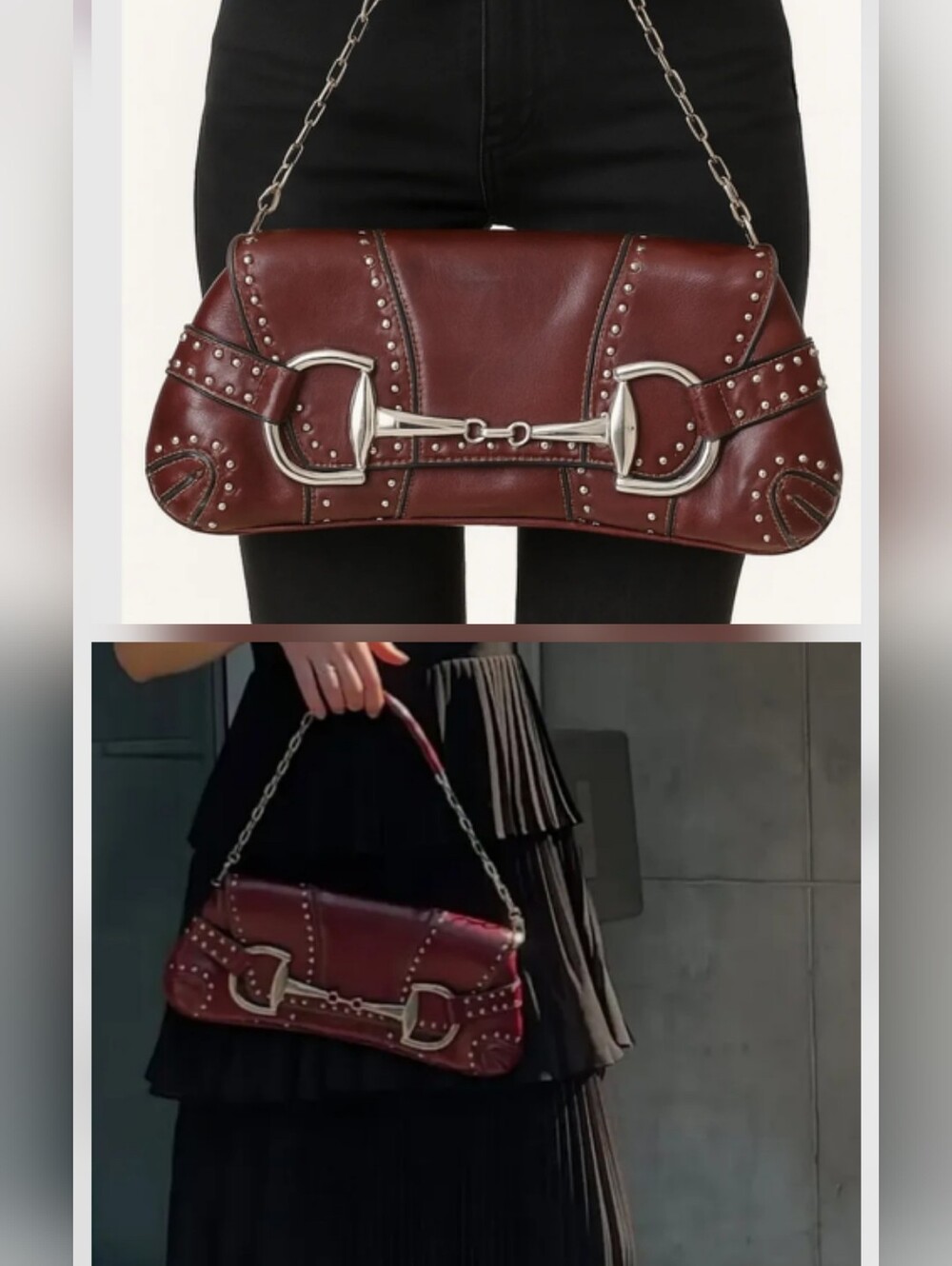 Vintage Y2K Rina Rich Horsebit Baguette Purse Studded Burgundy Shoulder Bag
